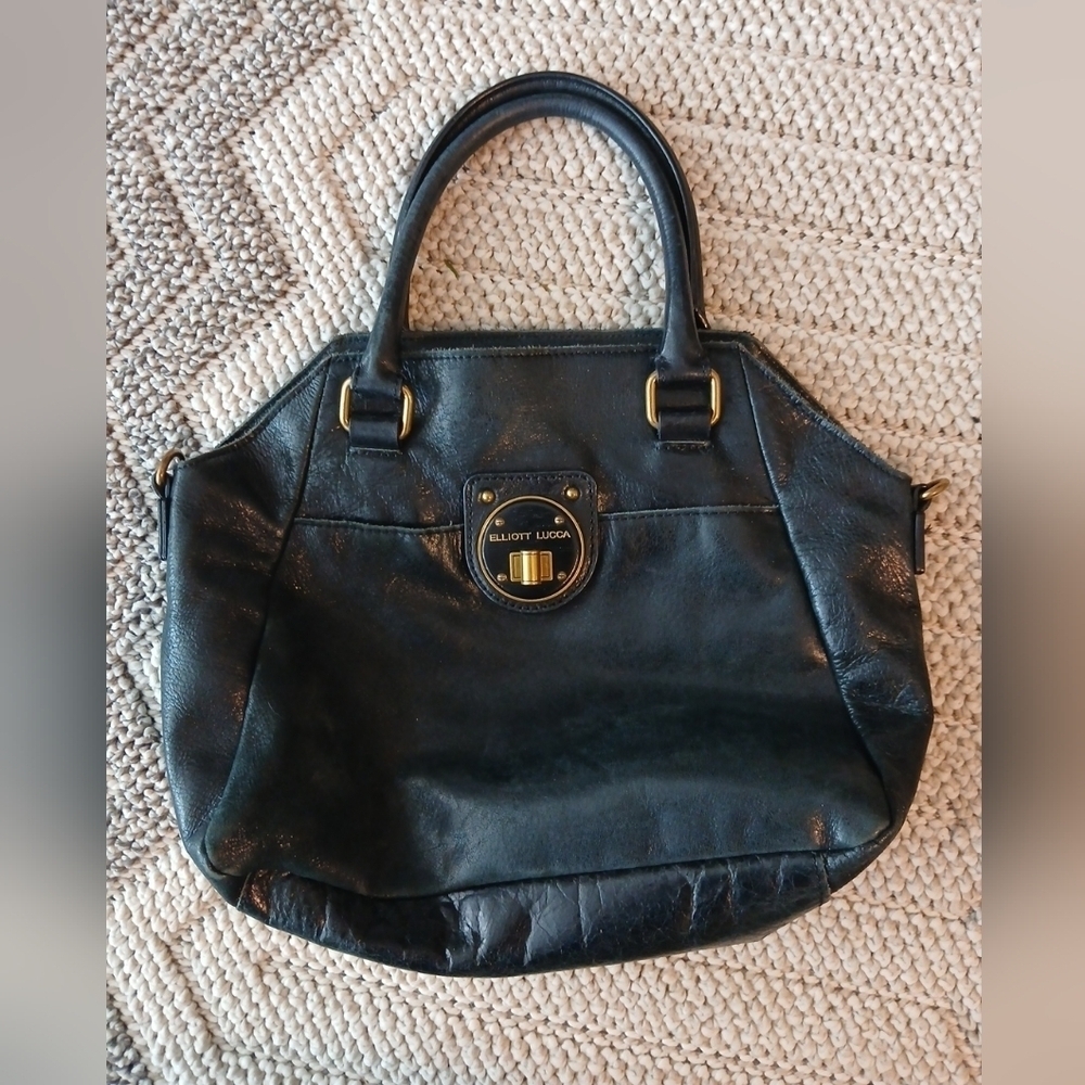 Elliott Lucca Black Genuine Leather Turn Lock Double Handle Bag